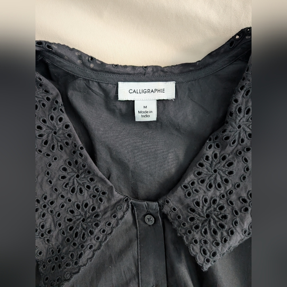 100% Cotton Calligraphie Black Eyelet Collar Long Sleeve Blouse Women's Size M - Picture 8 of 9